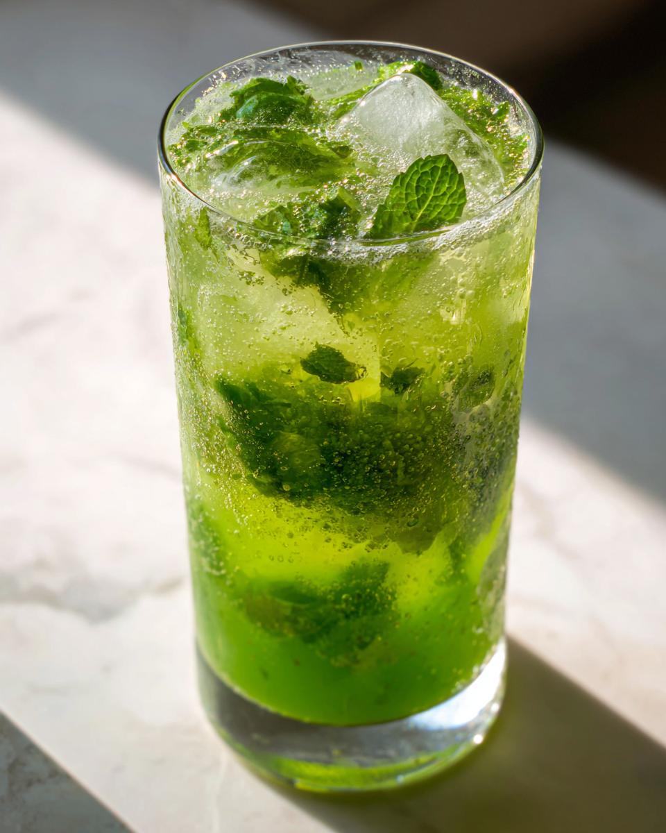 Close-up of a tall glass filled with a vibrant green Cucumber Ginger Mint Mocktail, ice, and fresh mint leaves.
