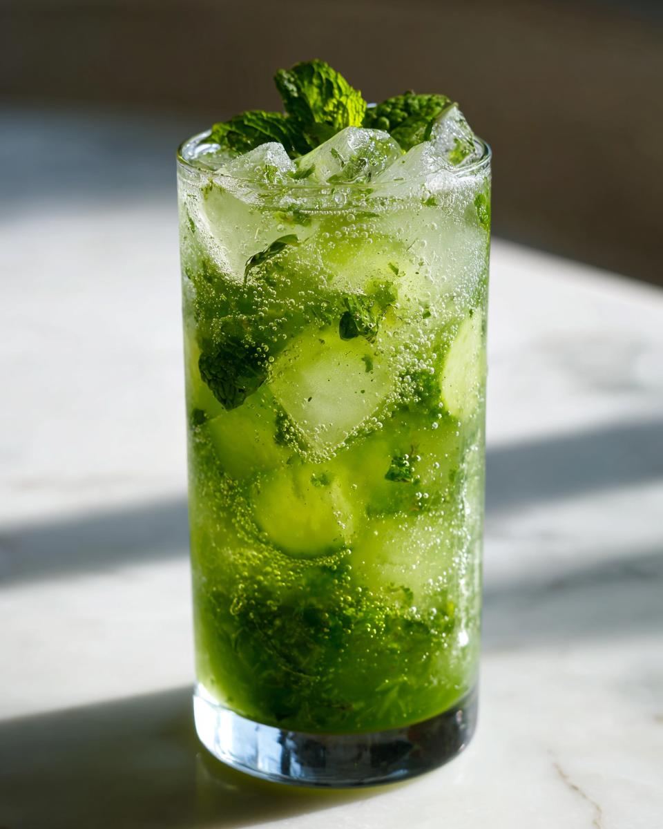 A tall glass filled with a bright green Cucumber Ginger Mint Mocktail, ice, mint leaves, and bubbles.