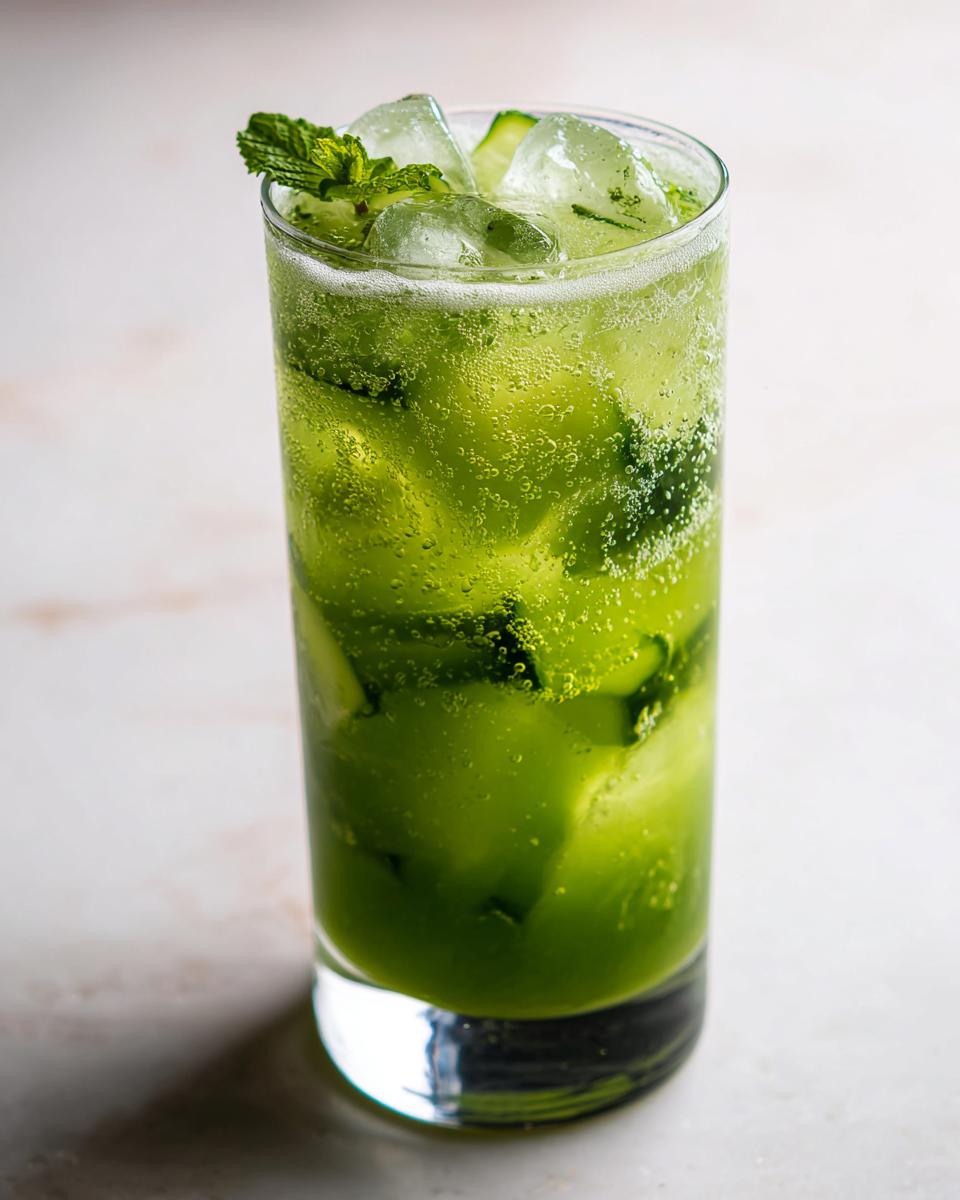 Close-up of a vibrant green Cucumber Ginger Mint Mocktail filled with ice, cucumber slices, and topped with fresh mint.