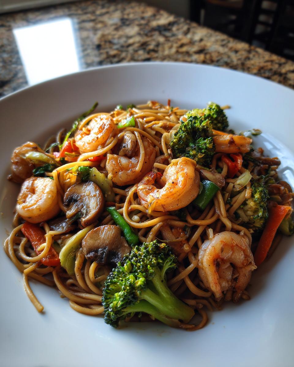 A white bowl filled with Healthy Shrimp Lo Mein noodles, shrimp, broccoli, and mushrooms.