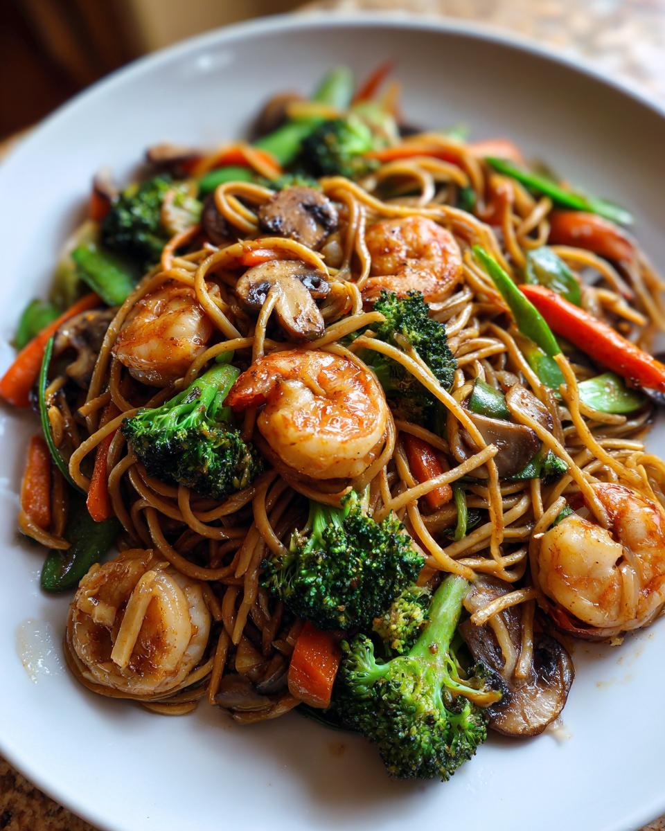 A close-up of a vibrant bowl of Healthy Shrimp Lo Mein featuring plump shrimp, broccoli, carrots, and mushrooms.