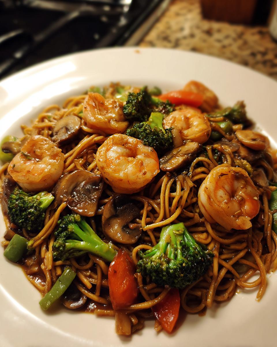A close-up of a plate of Healthy Shrimp Lo Mein featuring plump shrimp, broccoli florets, mushrooms, and carrots.