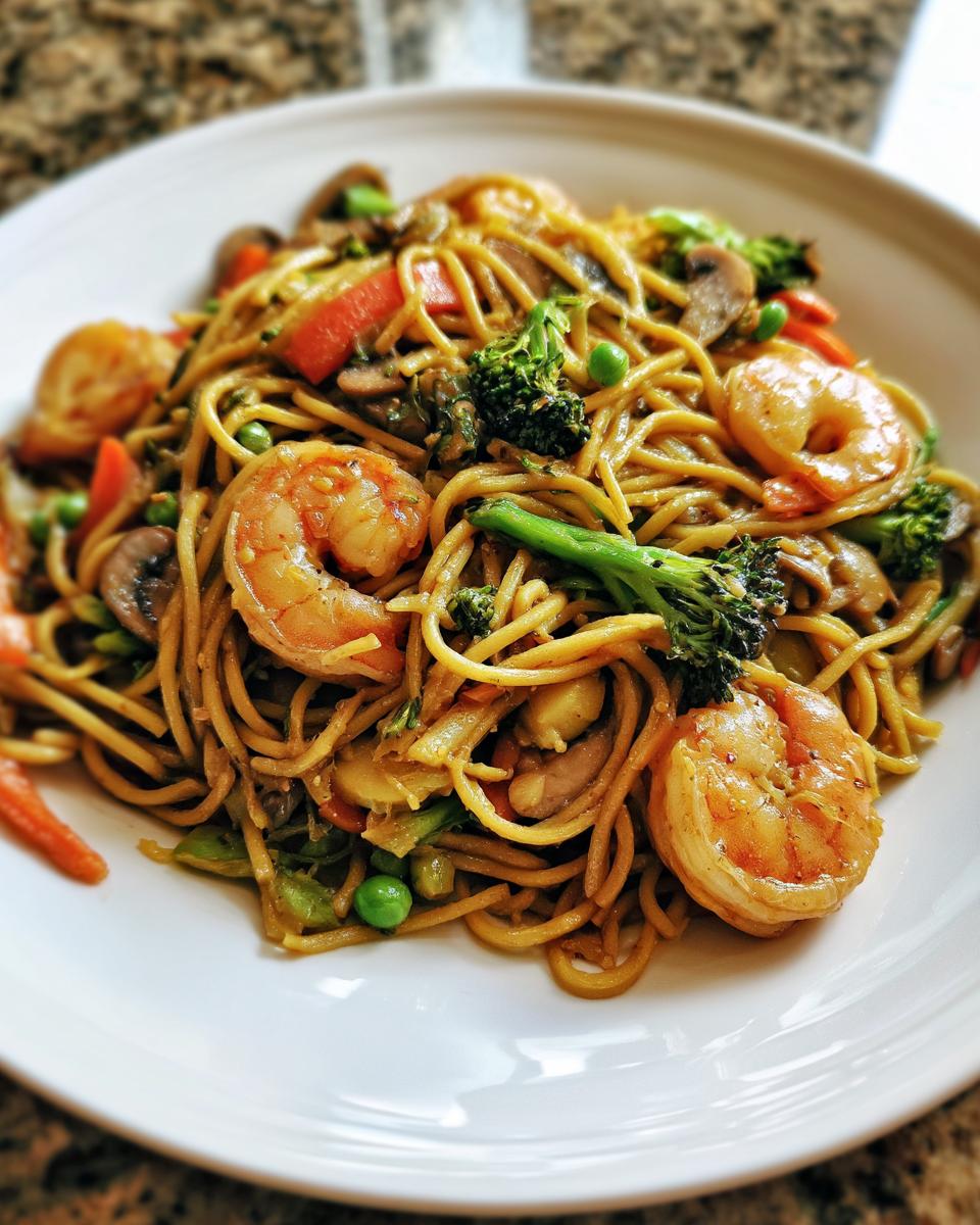 Close-up of a plate of Healthy Shrimp Lo Mein with shrimp, broccoli, carrots, and mushrooms.