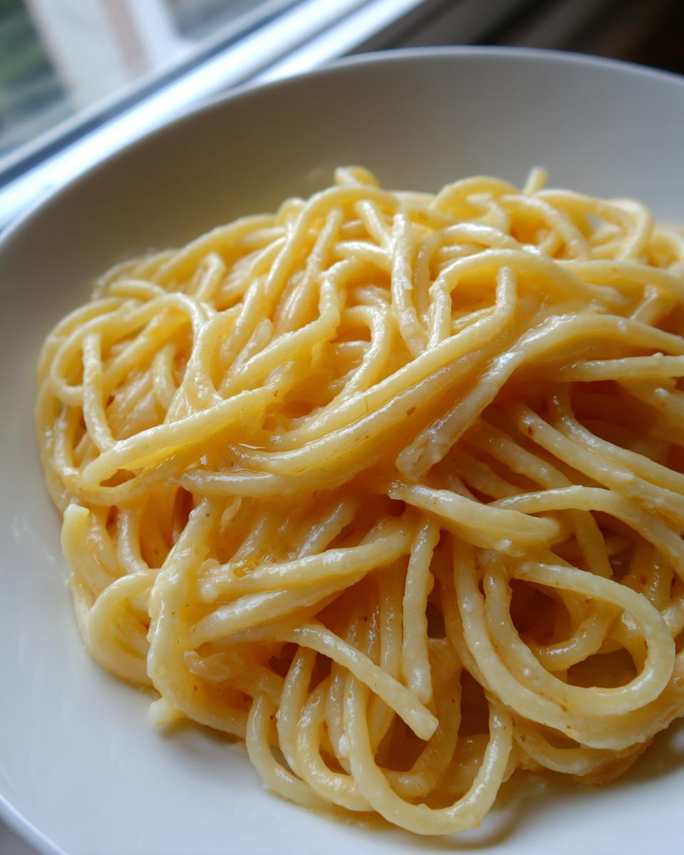 Close-up of creamy bucatini pasta coated in a rich sauce, perfect for Date Night Roasted Garlic Parmesan.