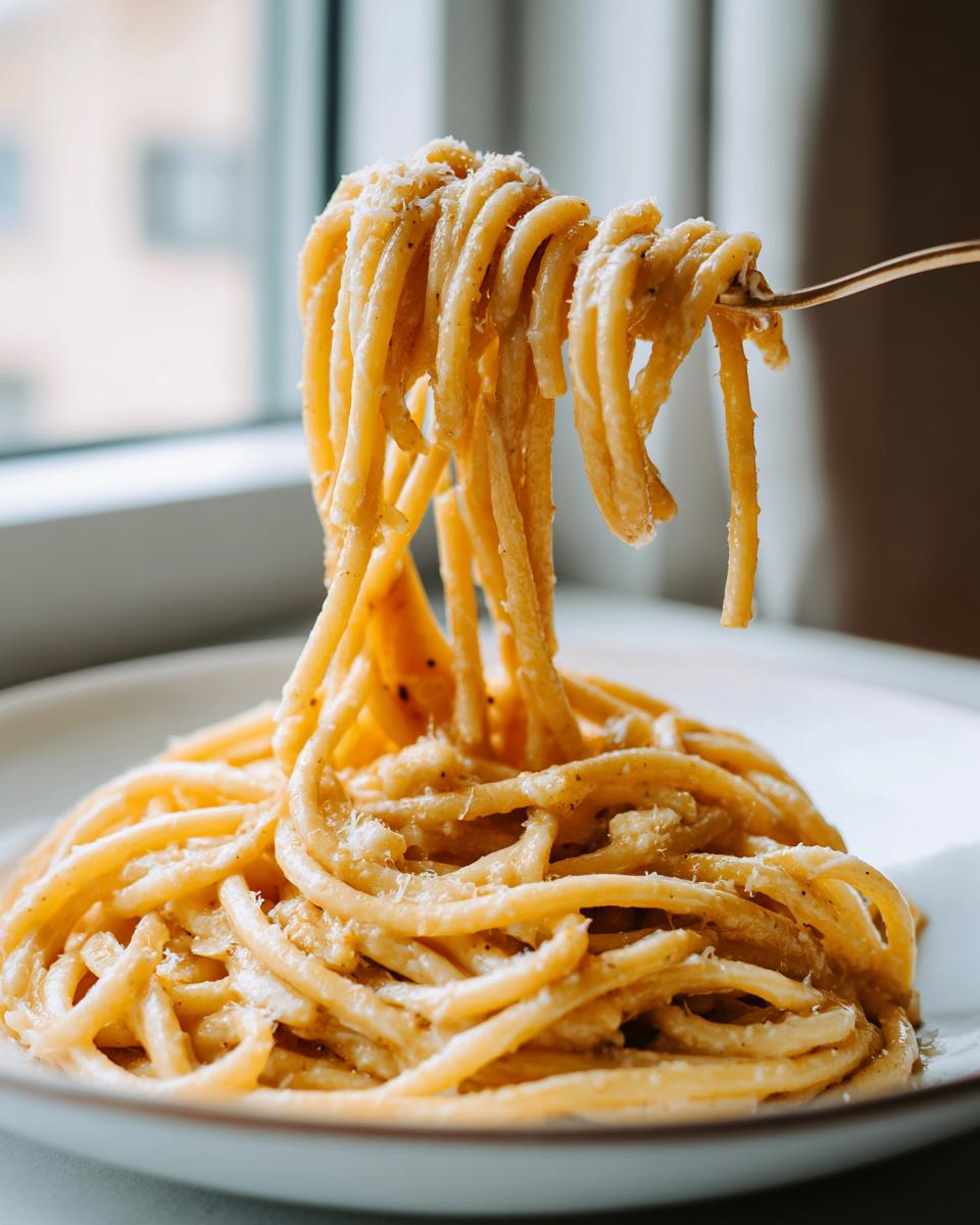 A fork lifts a twirl of creamy Date Night Roasted Garlic Parmesan Bucatini pasta from a white plate.