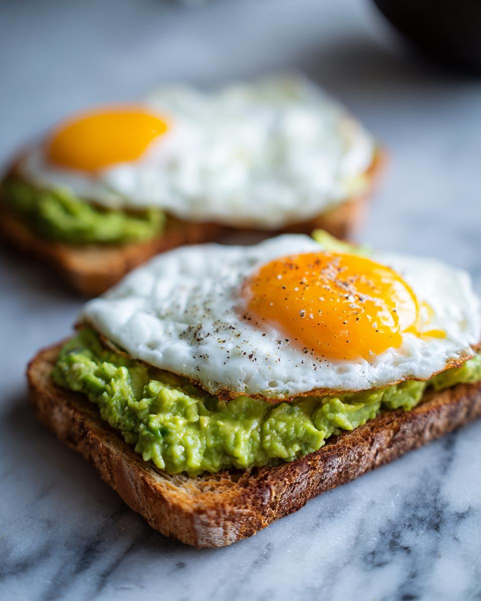 Close-up of Easy Avocado Egg Toast featuring mashed avocado on toasted bread topped with a perfectly cooked sunny side up egg sprinkled with pepper.