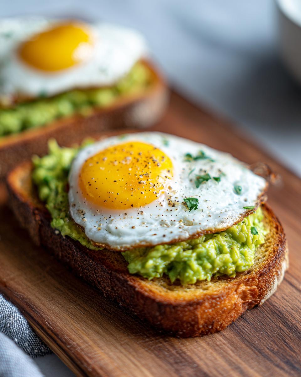Close-up of Easy Avocado Egg Toast featuring mashed avocado on toasted bread topped with a sunny-side-up egg seasoned with pepper.