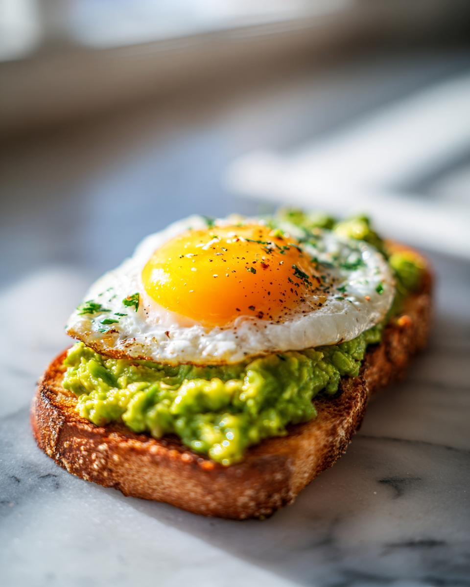 Close-up of Easy Avocado Egg Toast featuring smashed avocado on toasted bread topped with a sunny-side-up egg.