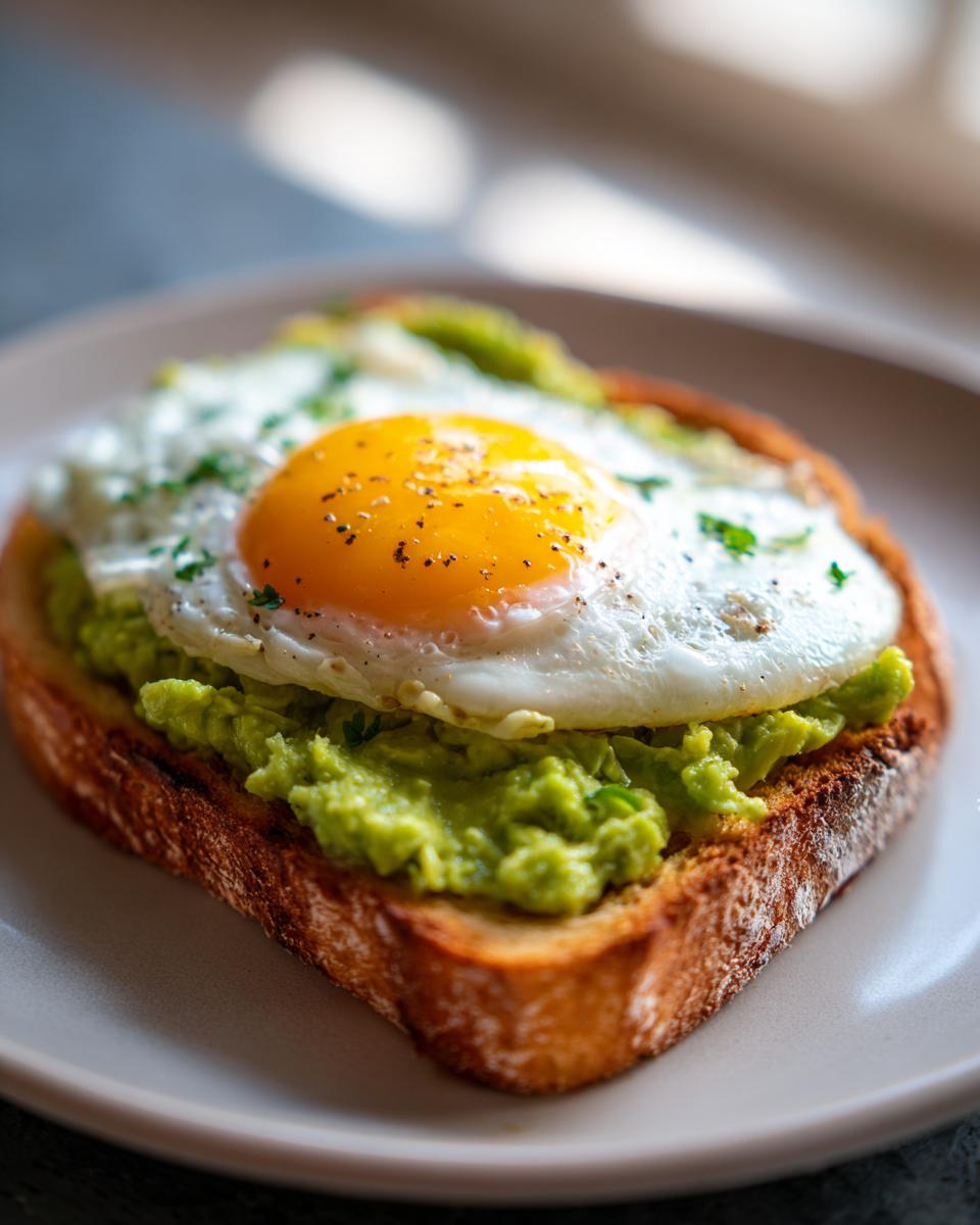 Close-up of Easy Avocado Egg Toast featuring mashed avocado on toasted bread topped with a sunny-side-up egg.