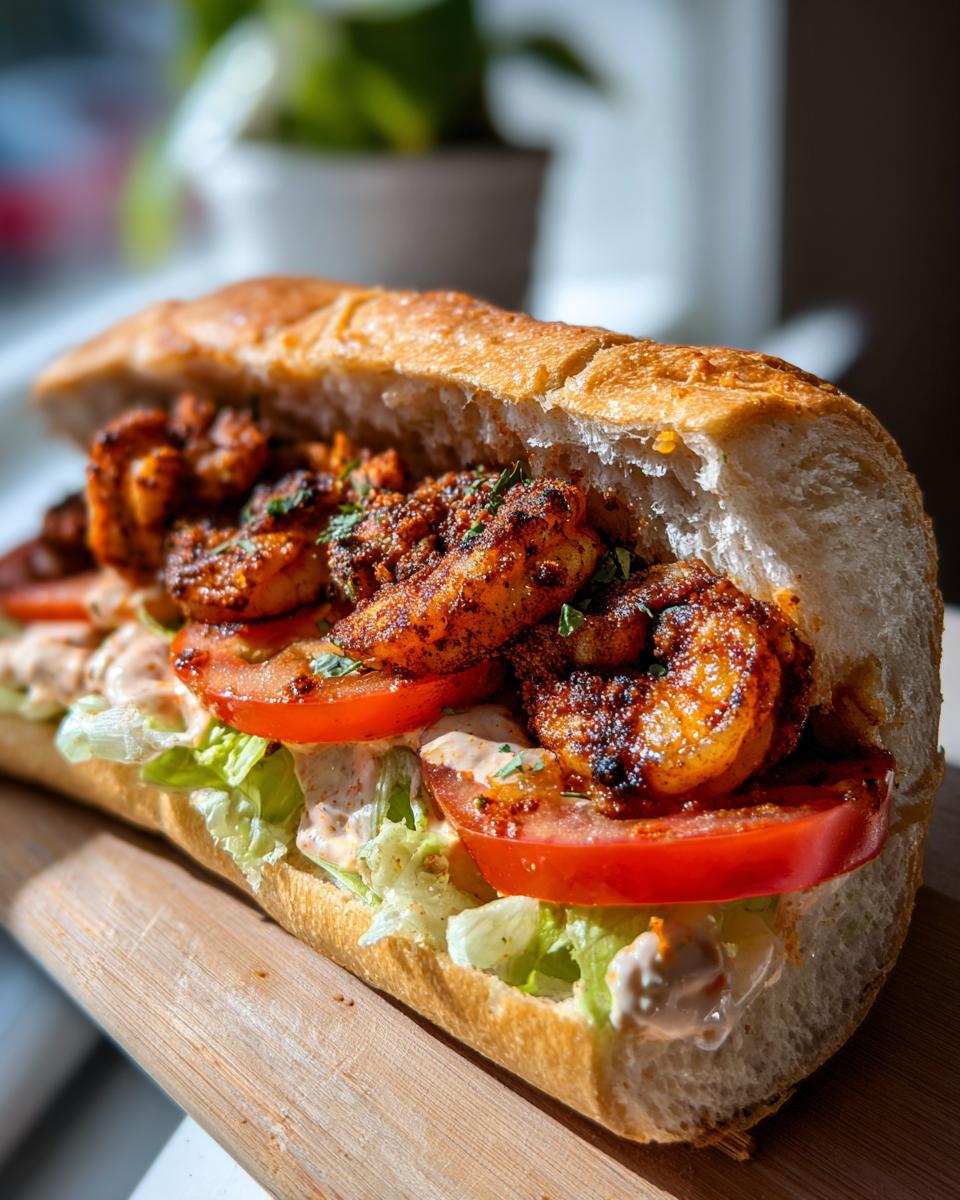 Close-up of The Best Easy Blackened Shrimp Po Boy sandwich filled with blackened shrimp, tomatoes, lettuce, and sauce on a baguette.