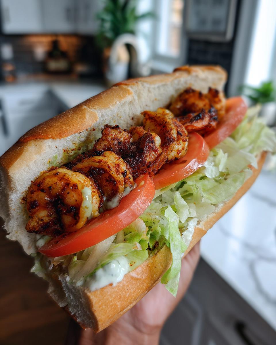 A hand holding a fully assembled Easy Blackened Shrimp Po Boy sandwich filled with blackened shrimp, lettuce, and tomato.