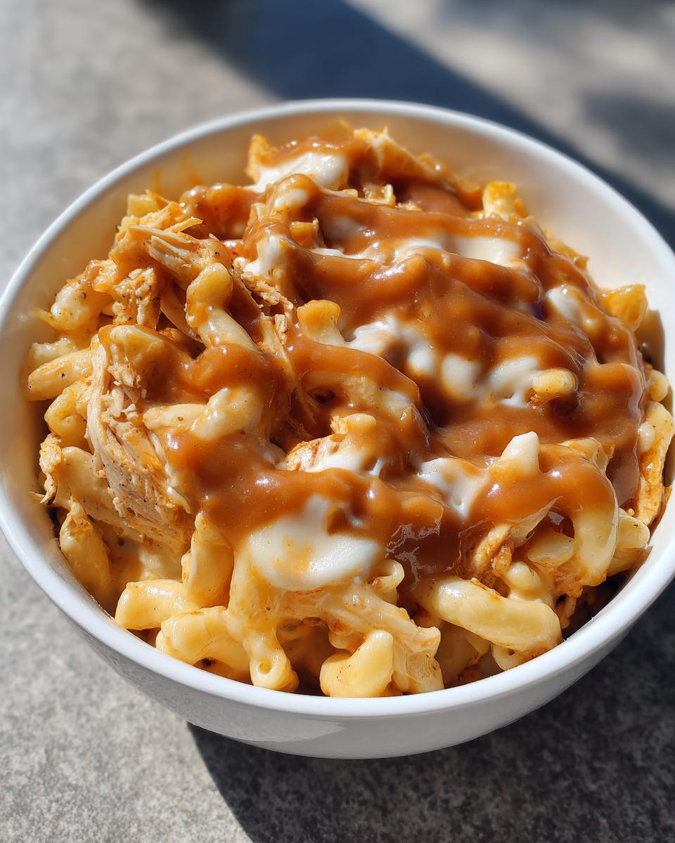 Close-up of an Easy KFC Mac Cheese Bowl Copycat featuring macaroni, shredded chicken, white sauce, and brown gravy.