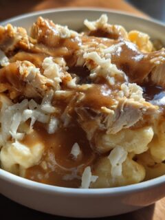 Close-up of an Easy KFC Mac Cheese Bowl Copycat featuring macaroni, shredded chicken, brown gravy, and white cheese shreds.