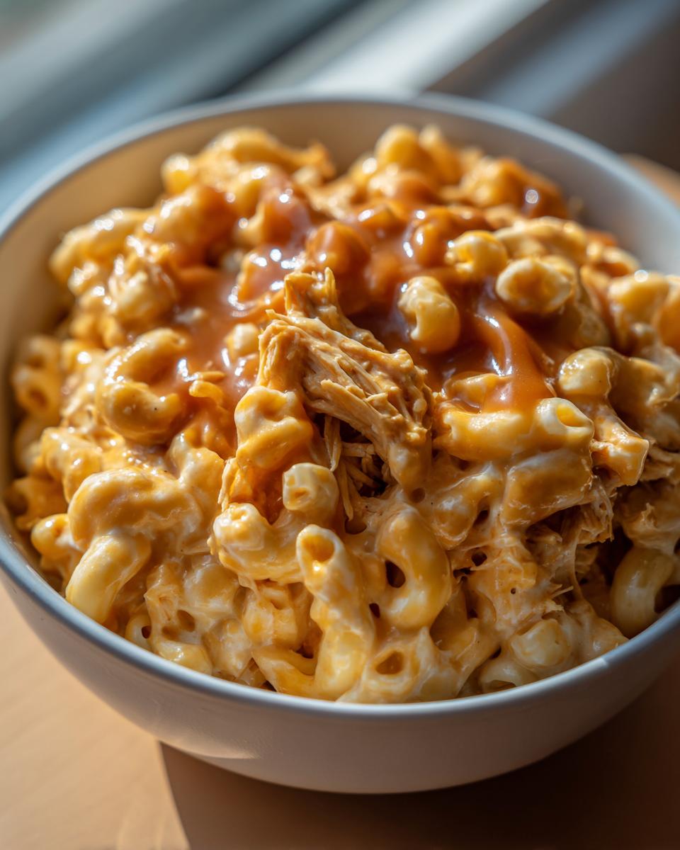 A close-up of a white bowl filled with creamy macaroni and cheese topped with shredded chicken and a savory brown sauce, resembling the Easy KFC Mac Cheese Bowl Copycat.