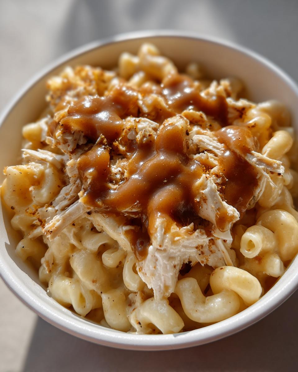 Close-up of an Easy KFC Mac Cheese Bowl Copycat featuring macaroni in cheese sauce, topped with shredded chicken and brown gravy.