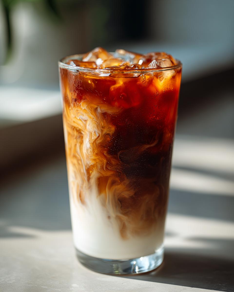 Close-up of an Easy Pumpkin Pie Iced Latte with ice cubes and cream swirling into dark coffee.
