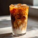 Tall glass filled with ice, showing rich swirls of cream mixing into dark coffee for an Easy Pumpkin Pie Iced Latte.