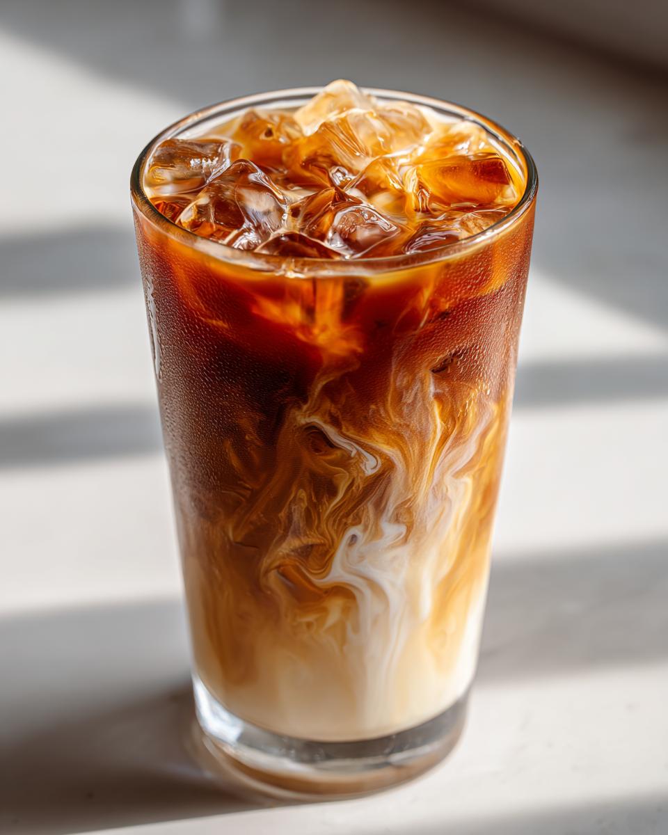 Close-up of an Easy Pumpkin Pie Iced Latte showing rich coffee swirling into milk over ice cubes.