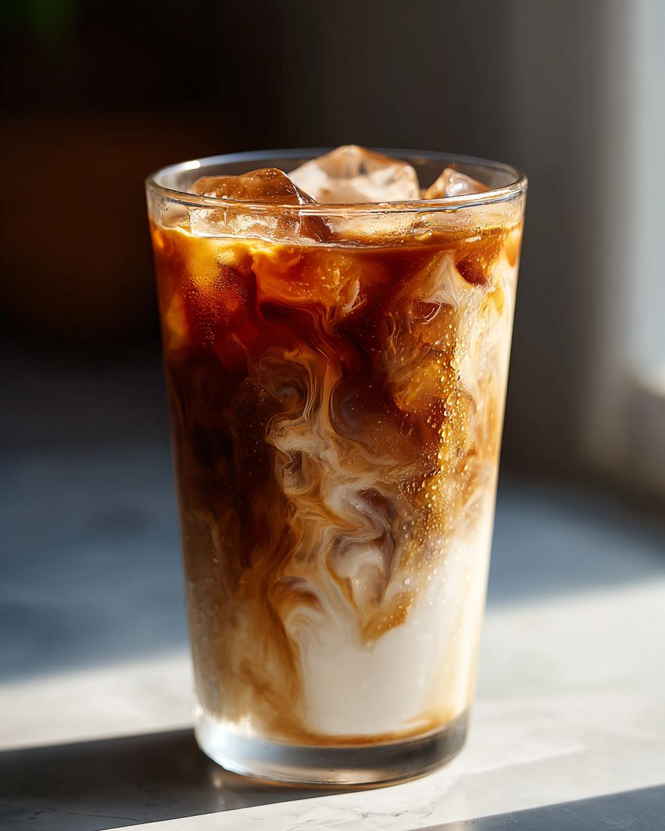 Close-up of an Easy Pumpkin Pie Iced Latte showing rich coffee swirling into white milk over ice cubes.