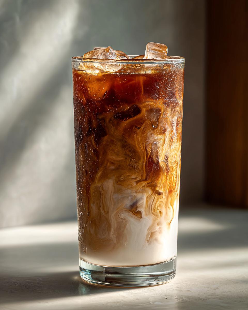 Close-up of an Easy Pumpkin Pie Iced Latte with cream swirling into dark coffee over ice.