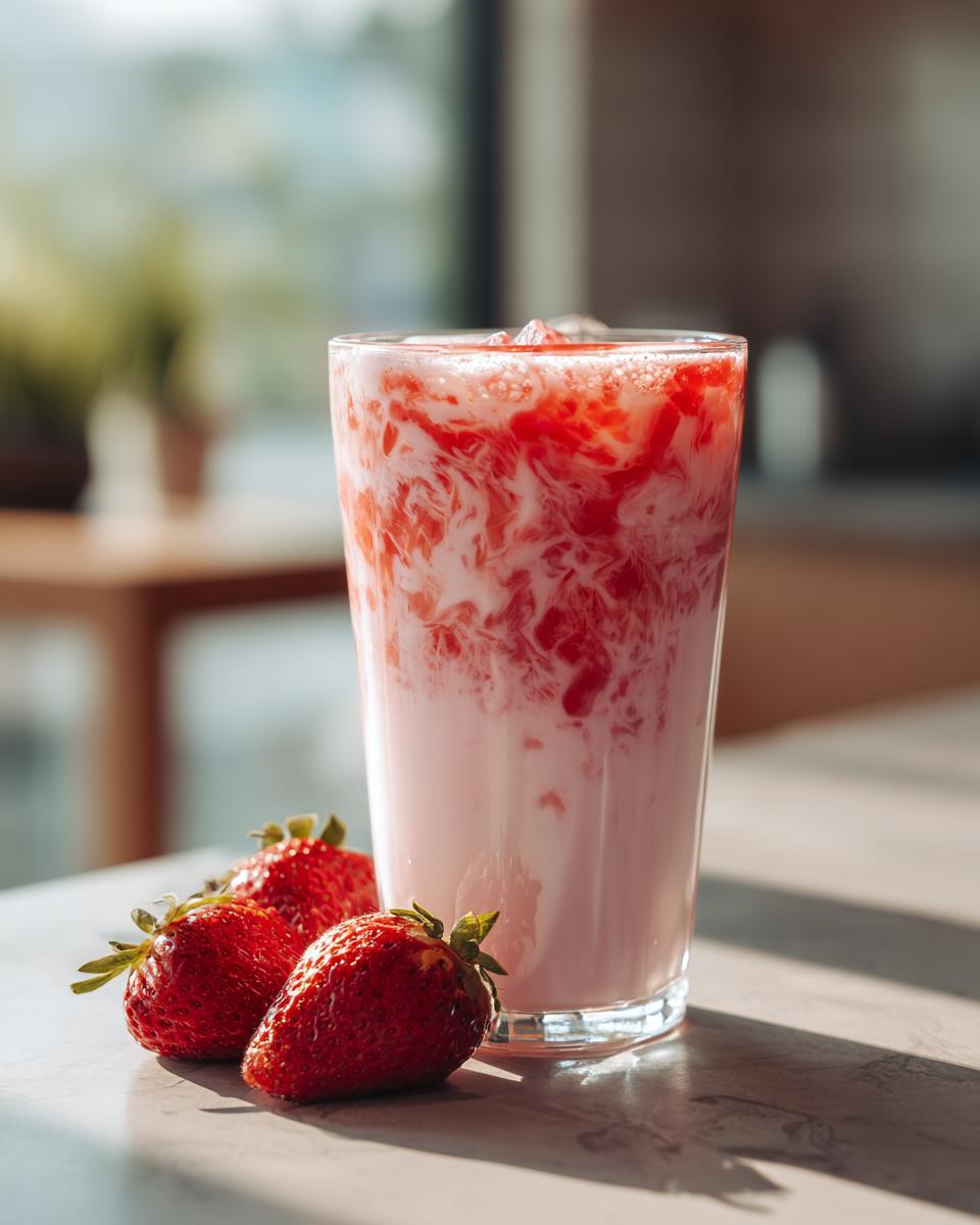 A tall glass showing the swirling pink and red layers of Easy Quick Strawberry Milk next to three fresh strawberries.