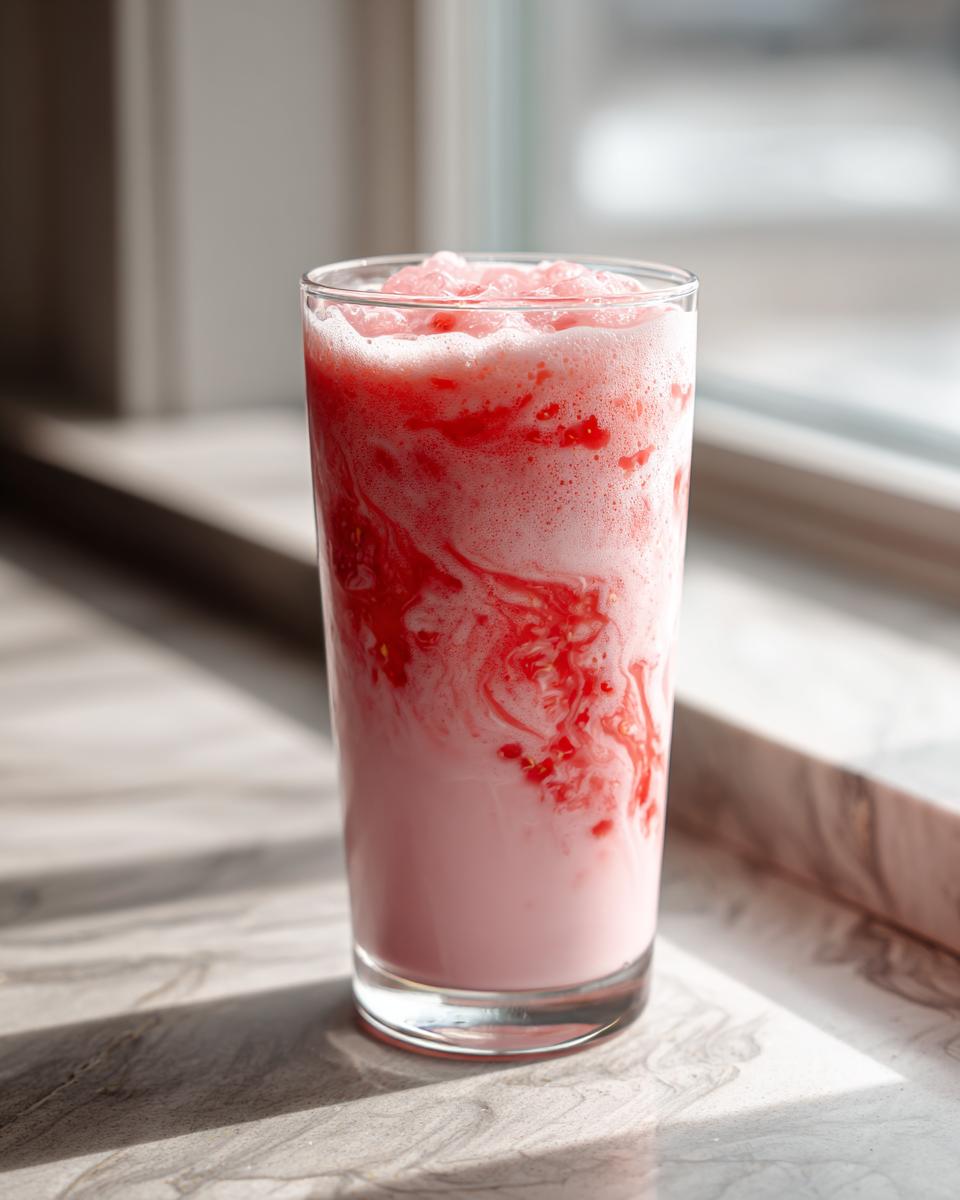 A tall glass filled with vibrant Easy Quick Strawberry Milk, showing swirls of red syrup in pink milk, topped with crushed ice.