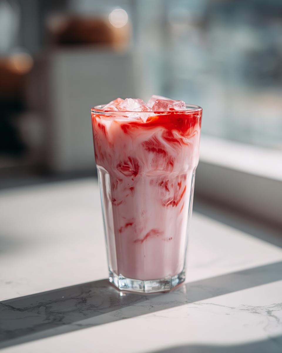 A tall glass filled with swirling pink and red Easy Quick Strawberry Milk, topped with ice cubes, sitting on a marble surface.