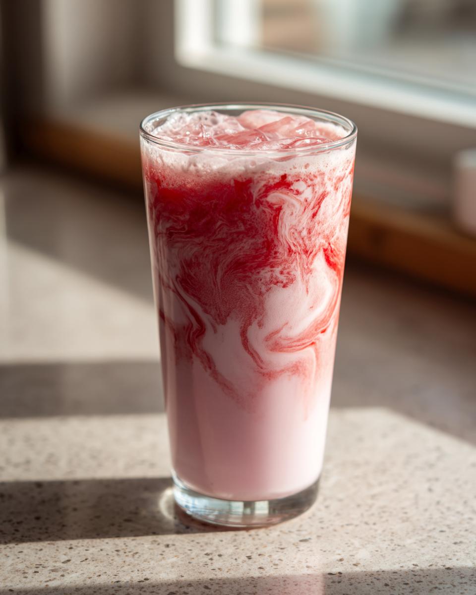 A tall glass showing the beautiful swirl of pink milk and bright red strawberry syrup, topped with ice, perfect for Easy Quick Strawberry Milk.