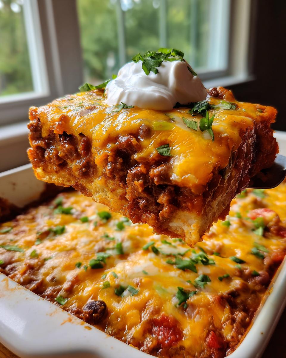 A lifted slice of Easy Three Bean Taco Casserole topped with melted cheese, sour cream, and cilantro.