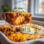 A serving spoon lifts a cheesy slice of Easy Three Bean Taco Casserole topped with sour cream and chives.