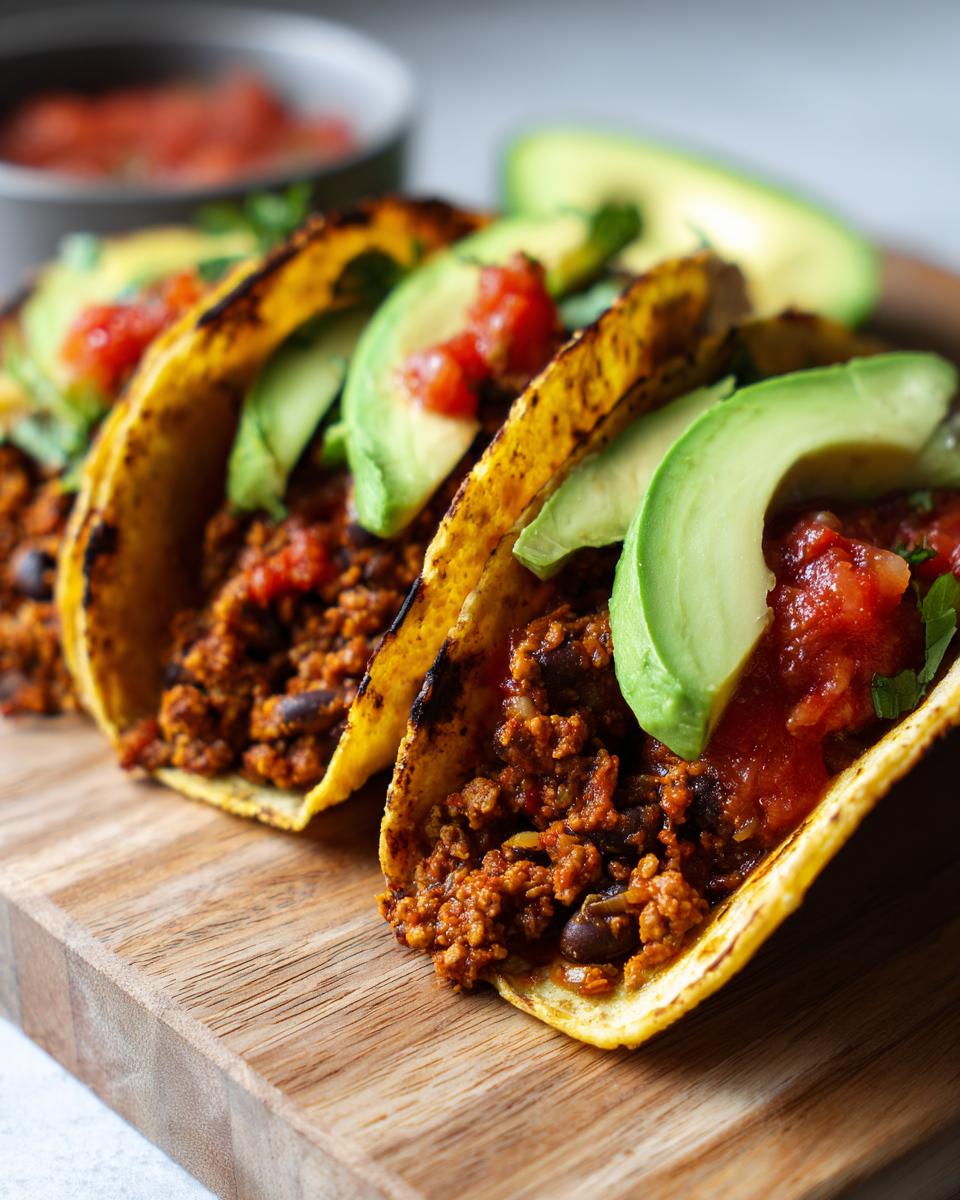 Three Easy Vegan Black Bean Tacos filled with seasoned mixture and topped with fresh avocado slices and salsa.