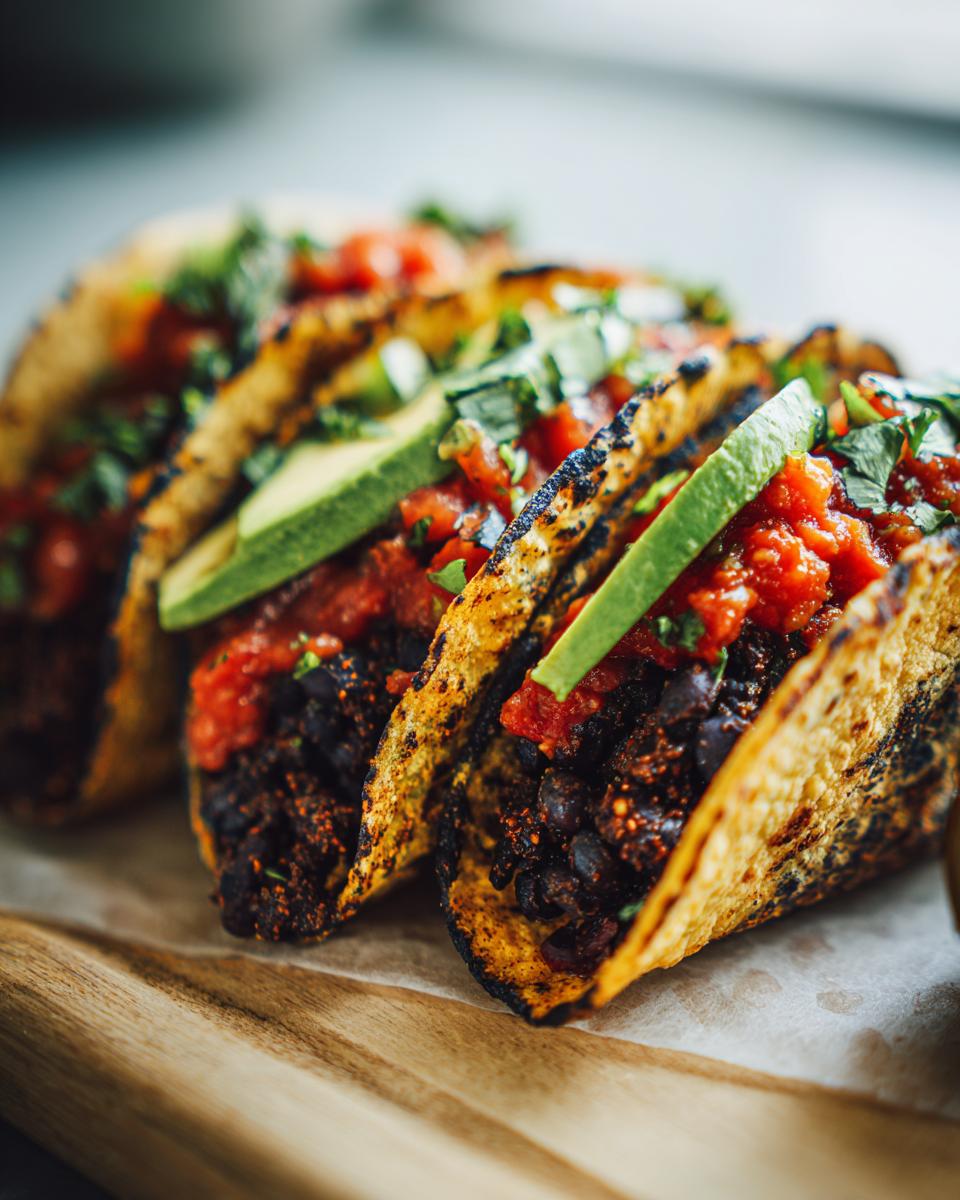 Three grilled tacos filled with seasoned black beans, salsa, and avocado slices, representing Easy Vegan Black Bean Tacos.