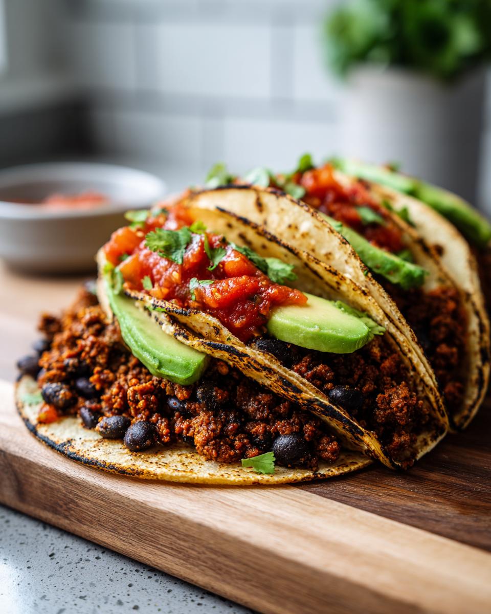 Three grilled tortillas filled with seasoned vegan black bean mixture, avocado slices, and salsa for Easy Vegan Black Bean Tacos.