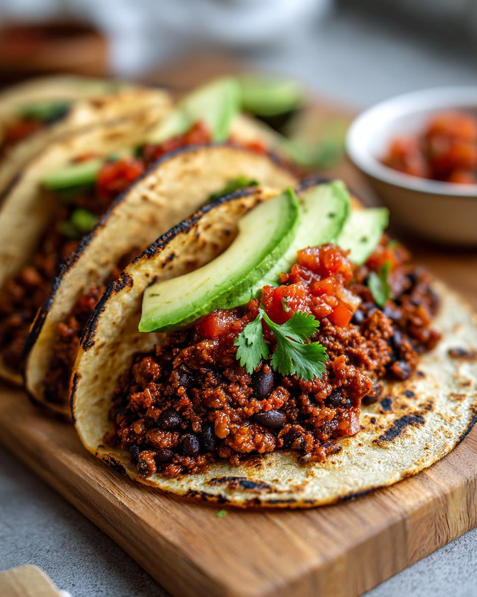 Close-up of three Easy Vegan Black Bean Tacos filled with spiced black bean mixture, topped with avocado slices and salsa.