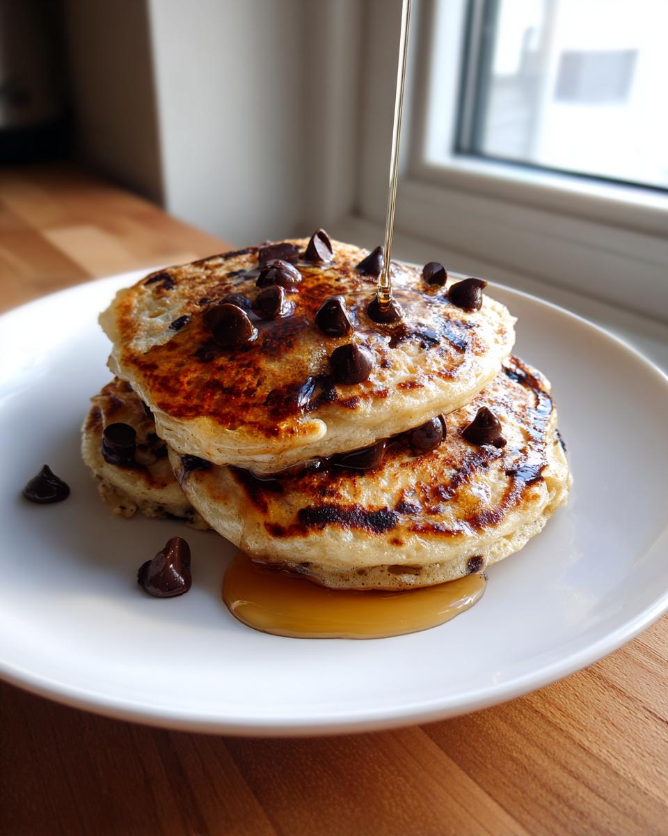 A stack of three Easy Vegan Chocolate Chip Pancakes topped with melted chocolate chips and syrup being drizzled over them.