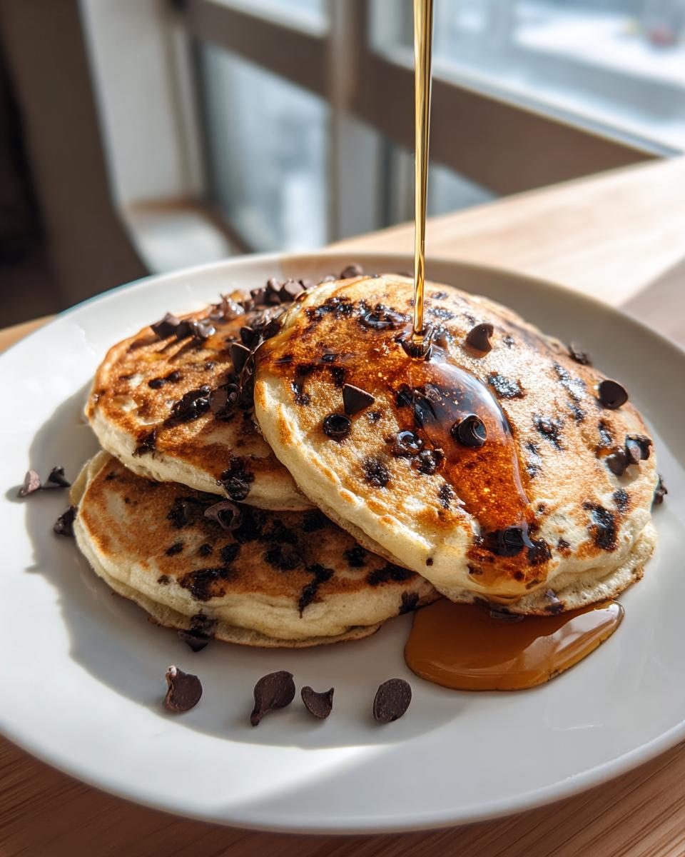 A stack of three Easy Vegan Chocolate Chip Pancakes being drizzled with syrup, topped with chocolate chips.