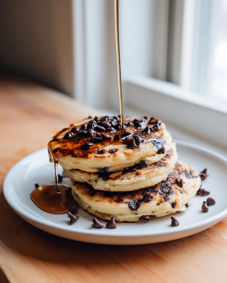 Stack of three Easy Vegan Chocolate Chip Pancakes being drizzled with maple syrup and topped with chocolate chips.