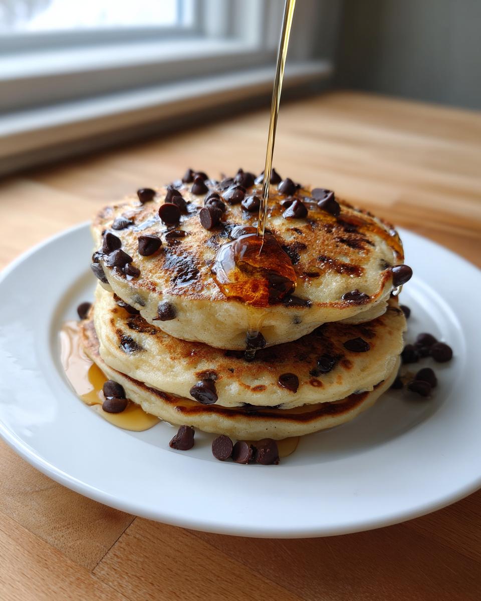 A stack of three Easy Vegan Chocolate Chip Pancakes being drizzled with maple syrup.
