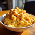 A generous serving of creamy, orange-colored Easy Vegan Pumpkin Mac Cheese in a white bowl.
