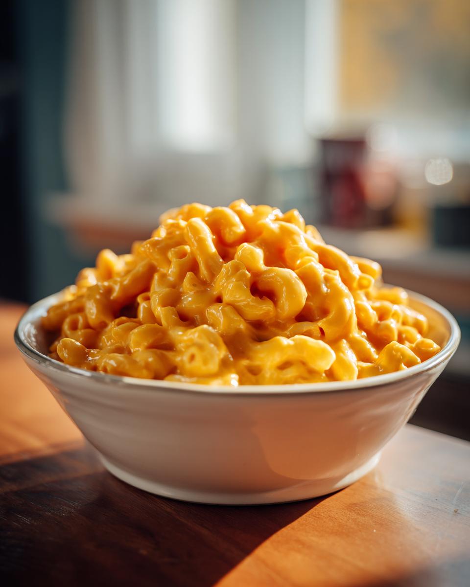 A close-up of a white bowl filled high with creamy, orange Easy Vegan Pumpkin Mac Cheese.