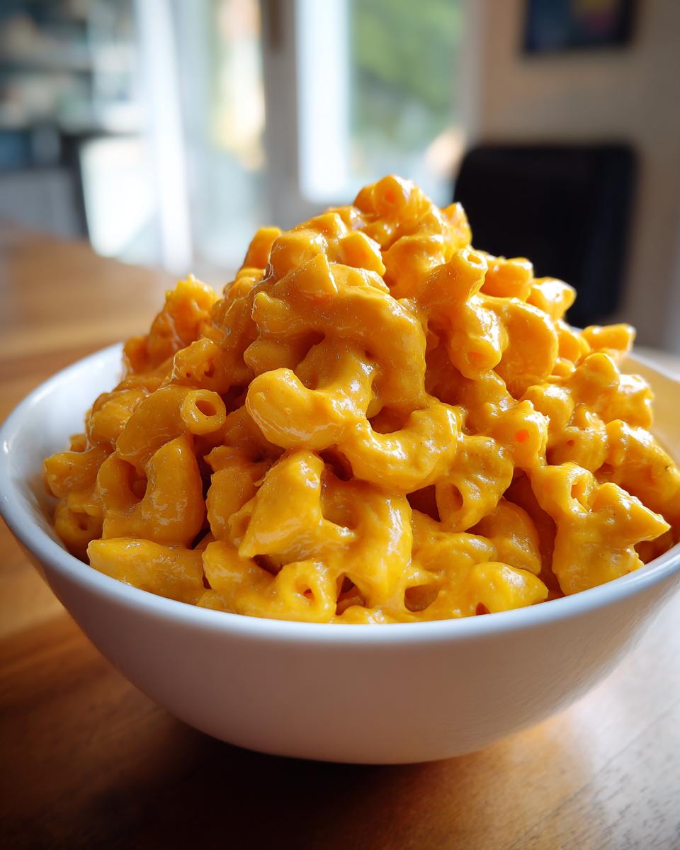 A close-up of a white bowl overflowing with creamy, bright orange Easy Vegan Pumpkin Mac Cheese.