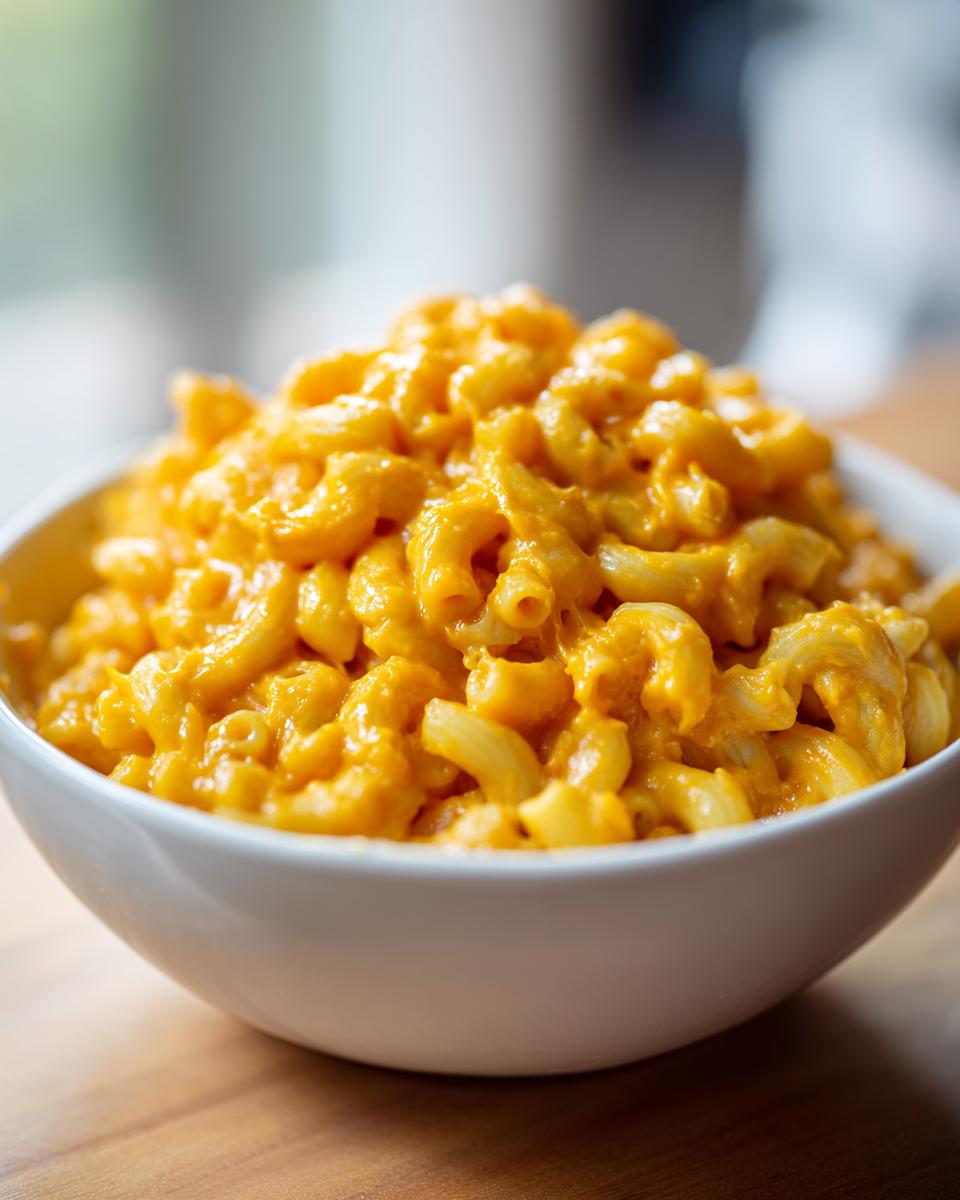 A close-up of a white bowl filled with creamy, bright orange Easy Vegan Pumpkin Mac Cheese.
