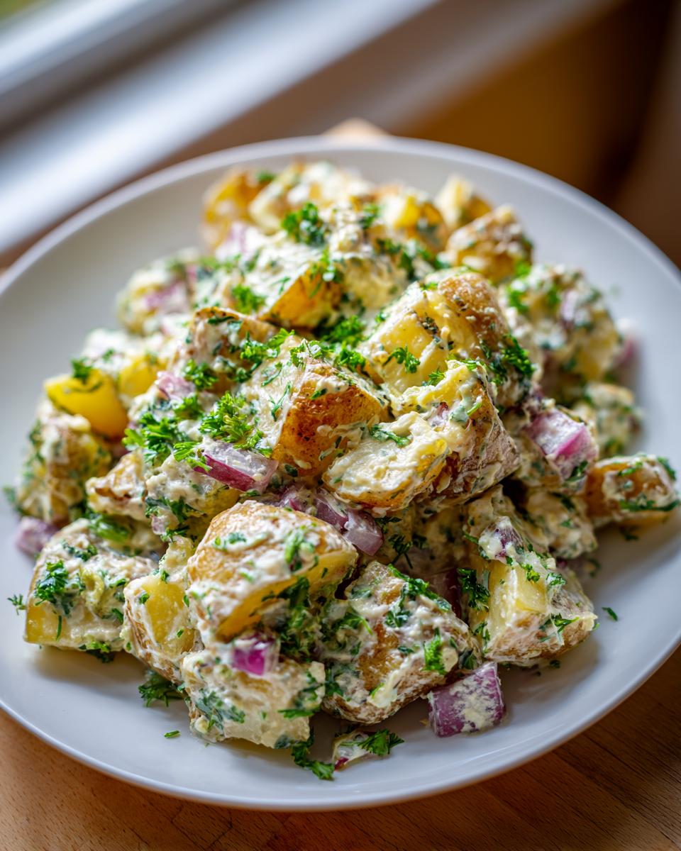 Close-up of chunks of roasted potatoes coated in creamy dressing, mixed with red onion and parsley in Easy Vegan Roasted Potato Salad.