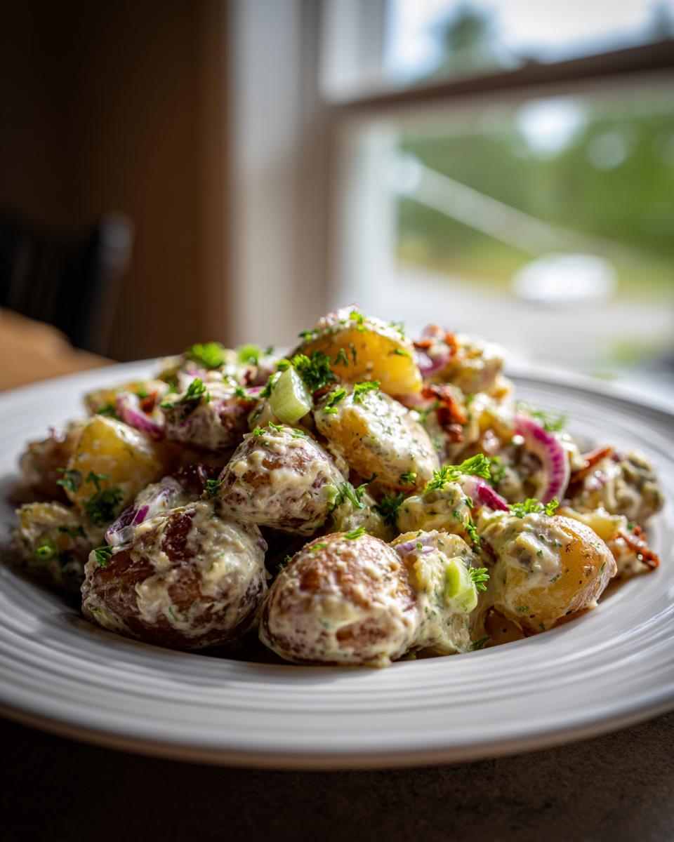 A close-up of a generous serving of Easy Vegan Roasted Potato Salad, coated in creamy dressing, red onion, and parsley.