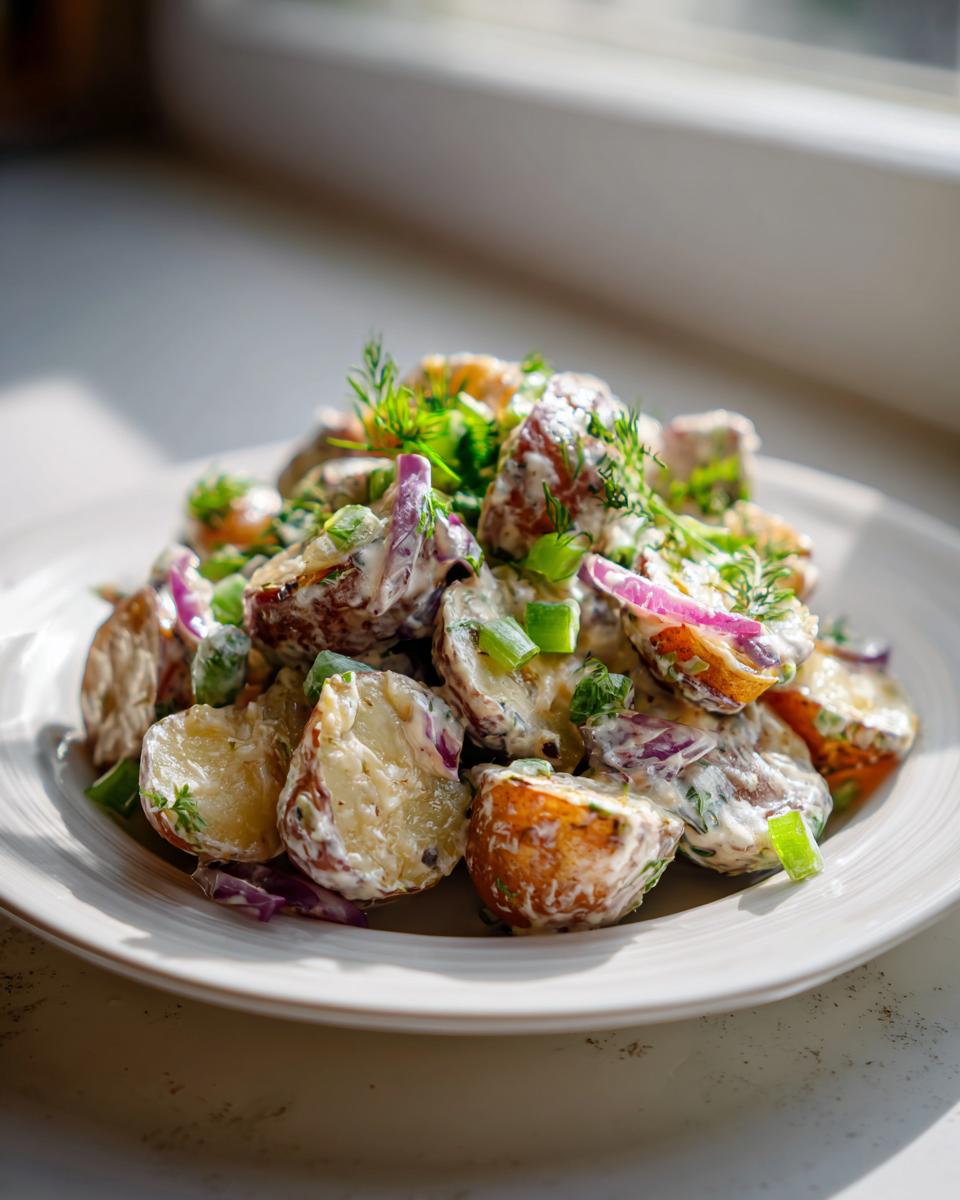 A close-up of a serving of Easy Vegan Roasted Potato Salad featuring roasted potatoes, creamy dressing, red onion, and fresh dill.