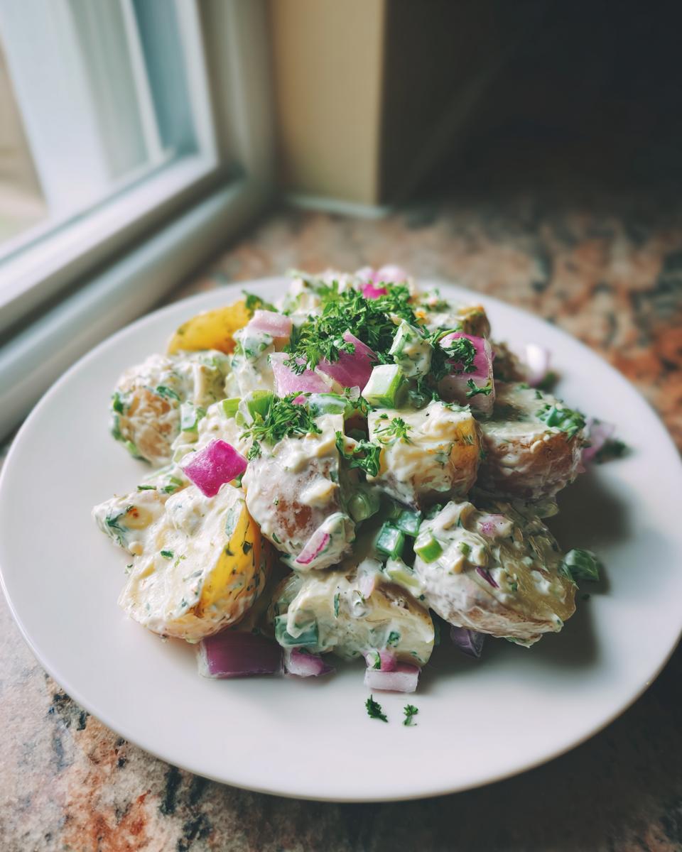 A plate of Easy Vegan Roasted Potato Salad featuring roasted potatoes, creamy dressing, red onion, and fresh parsley garnish.