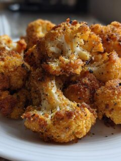 Close-up of golden brown, crispy Everything Bagel Cauliflower Bites piled on a white plate.