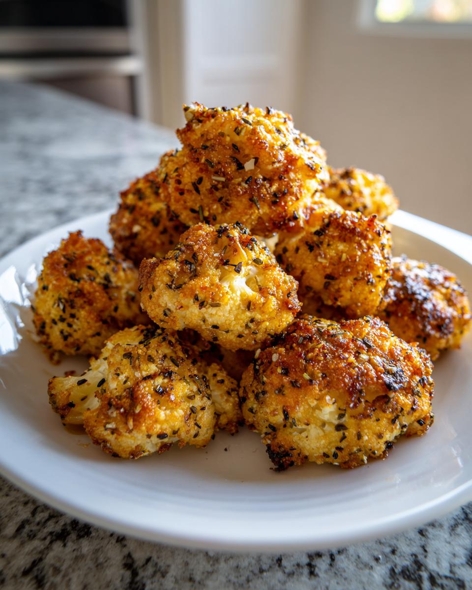 A close-up of golden-brown Everything Bagel Cauliflower Bites piled high on a white plate.