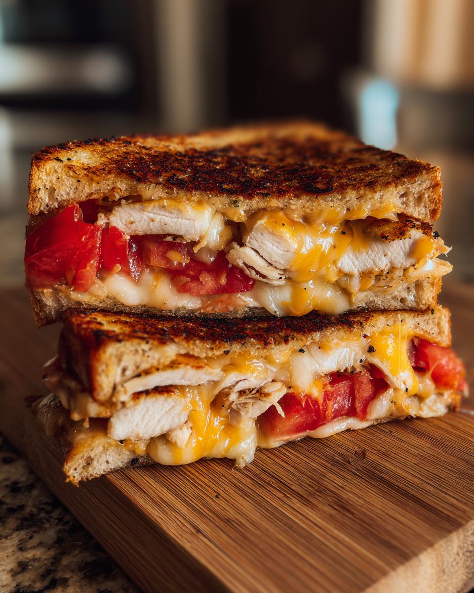 Close-up of a halved Everything Chicken Tomato Grilled Cheese sandwich showing melted cheese, chicken, and tomatoes.