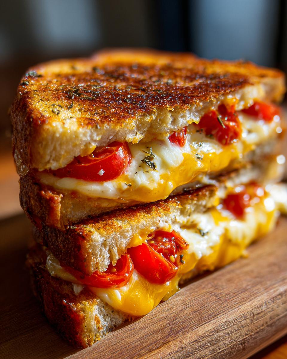 Close-up of a stacked Everything Chicken Tomato Grilled Cheese sandwich with melted cheese and herbs.